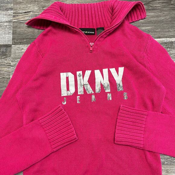 y2k 2000s pink dkny jeans nyc skyline spellout zip‎ turtle neck sweater womens S - Picture 9 of 9